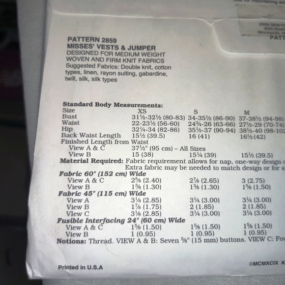 🗺️ Kwik Sew 2859, 90's Sewing Pattern, Misses' Vests & Jumper, Size XS-XL, Rare - Picture 8 of 12